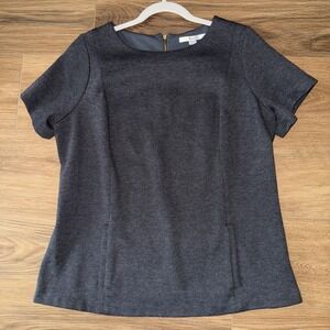 Boden Dark Gray, zip back, short sleeve top. Size 14, Pocket, Classic Style